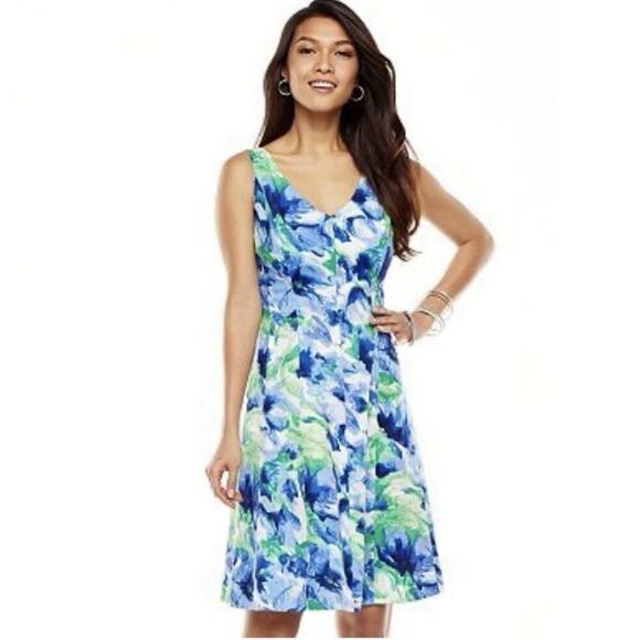 Chaps Dresses & Skirts - NWT Chaps Baja Blue Green Floral Print Sleeveless A-Line Dress Sz 16 Travel Boss